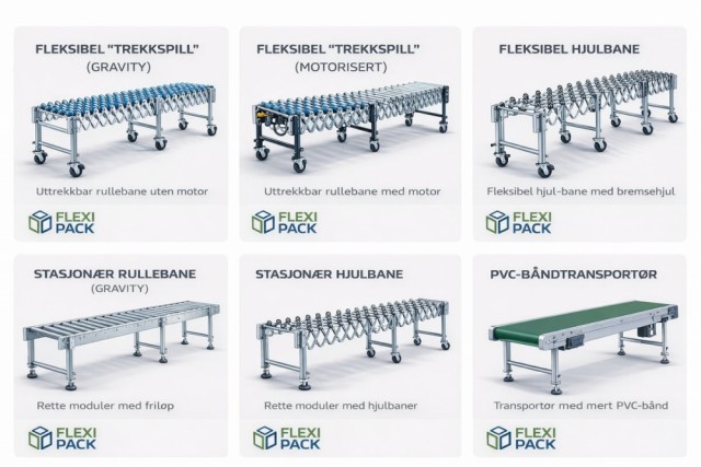 Rullebaner og transportører for pakking, lager og logistikk