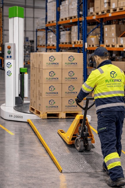 Flexipack mann i farta med strekkfilmmaskinen