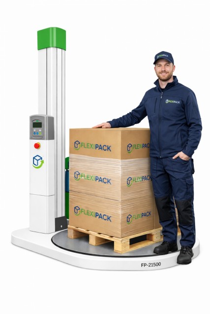 Flexipack FP-21500 strekkfilmmaskin med pall og lagermedarbeider