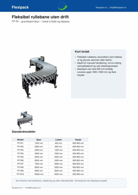 Flexipack Spesifikasjoner og varianter – finn riktig rullebane til flyt mellom stasjoner.